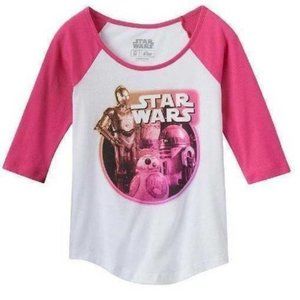 Girls Disney Star Wars Shirt 14 Pink White Droids Raglan Elbow Sleeves Tee